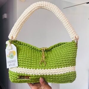 102-Stylish Handmade Green and Off-White Crochet Shoulder Bag